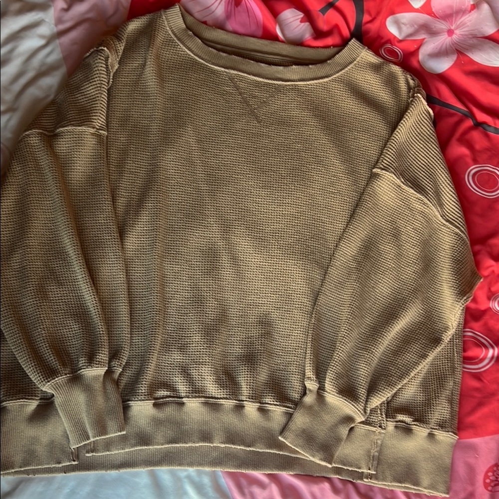 American Eagle Cozy Tan Waffle Knit Sweater